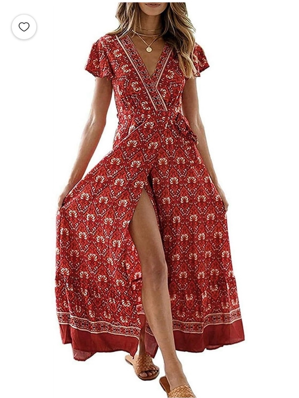 Boho Red Floral V-Neck Wrap Maxi Dress with Slit M - Picture 5 of 11